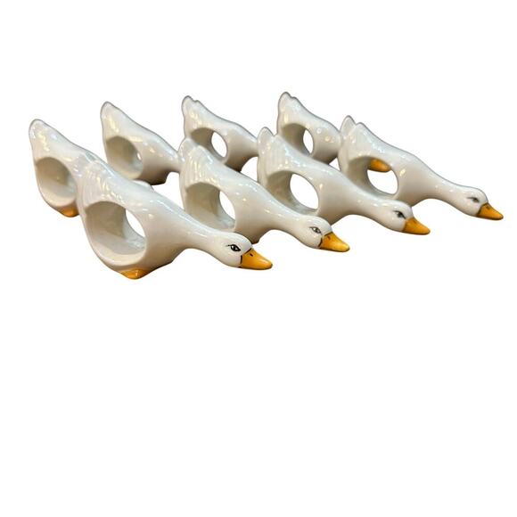 1980's Vintage White Long Neck Goose Duck Ceramic Napkin Rings Set Of 8 - Picture 1 of 7